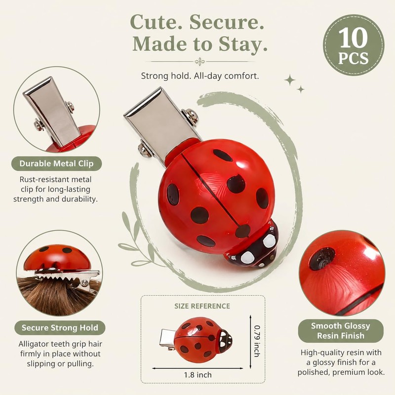 10 Pcs Fun Mini Ladybug Hair Clips, Funky Insect Bug