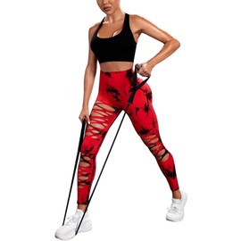 UONNOU Women's Tie Dye Cutout Tights High Waist Workout Yoga Leggings,Scrunch Butt Lifting Elastic Pants,2 Pieces Pack, Black Red L