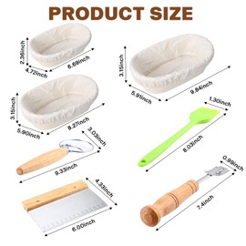 Bread Proofing Basket Set, 3 Sizes Oval Shaped Sourdough Proofing Basket, Banneton Basket with Linen Liners, Dough Whisk, Metal Scraper, Scoring Lame with 5 Replaceable Blades and Silicone Brush