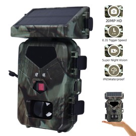 Solar Trail Camera, 20MP 1080P Solar Game Wildlife Hunting Trail Camera 0.3s Time Night Vision Motion Activated IP65 Waterproof Trail Cam