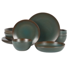 Bloomhouse - Two Time Oprah's Favorite Things Winner - Palermo Sun Double Bowl Stoneware Reactive Glaze Plates and Bowls Dinnerware Set - Agave Blue, Service for Four (16pcs)