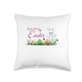 The Easter Shop Happy Easter White Bunny Eggs in Grass Butterflies Throw Pillow, 16x16, Multicolor
