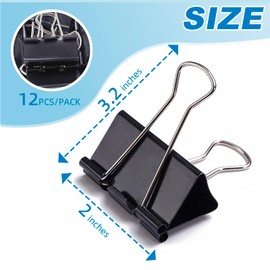 CASLONEE Large Black Binder Clips Paper Clamps Bag Clips Convenient Document Clips for Office School Home(2 Inches 12/Pack)