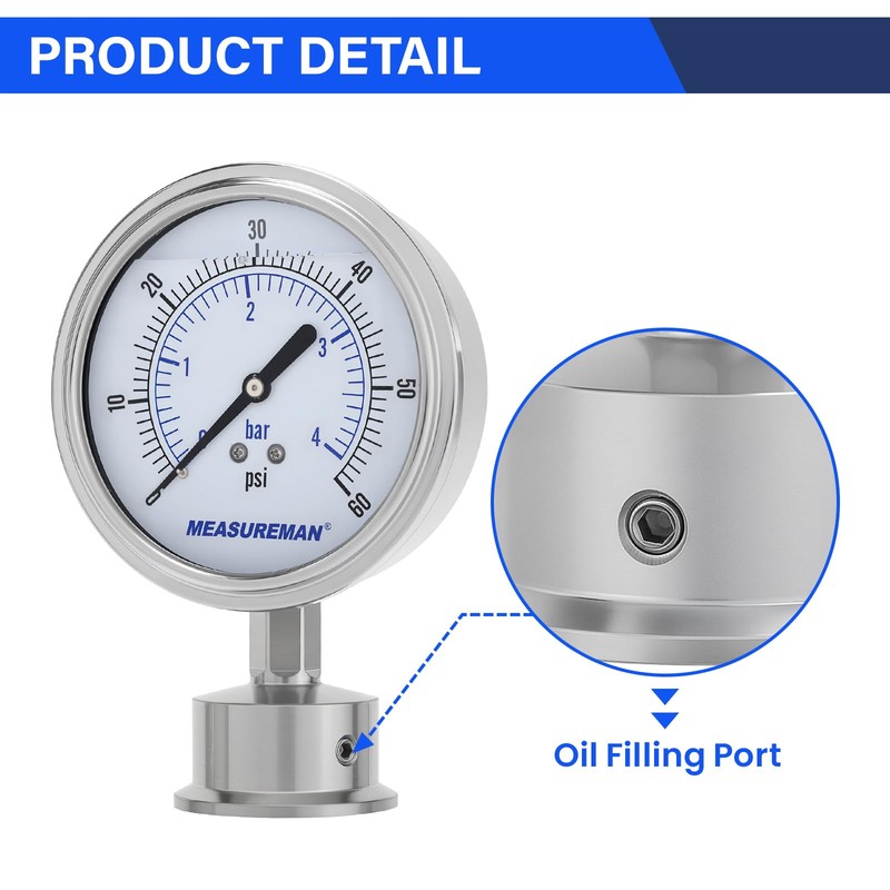 MEASUREMAN 0-60 PSI Sanitary Pressure Gauge - Liquid Filled Stainless