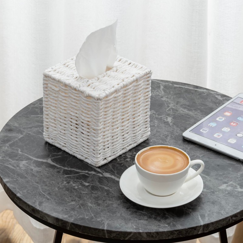 MyGift Decorative White Woven Square Tissue Box Holder with Easy