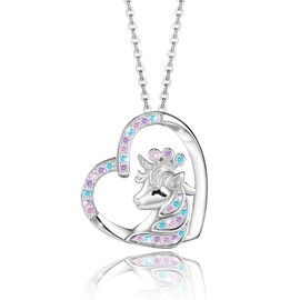 AELNEN Sterling Silver Unicorn Necklace for Women Colorful Cubic Zirconia Hypoallergenic Adjustable Chain Cute Heart- Shaped Pendant Necklace Fashion Dainty Jewelry Gift for Teens Daughter