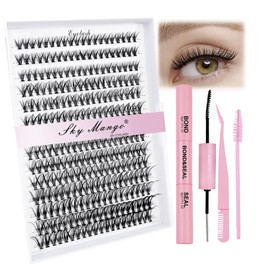 SKY MANGO Lash Extension Clusters Kit DIY 280pcs Individual Lash Clusters 20D Curl 8-16mm Cluster Eyelash Extension Kit with Lash Bond and Seal and Lash Tweezers and Lash Brush for Self Application