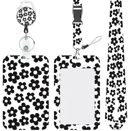Modern Black Flowers Lanyards for ID Badges Retractable ID Badge Holder with Detachable Lanyard Fashionable Badge Reel Heavy Duty with Rotate Carabiner Clip for Nurse Office Teacher