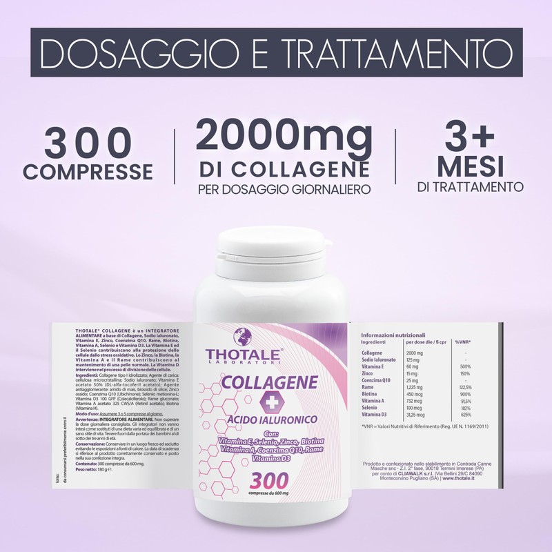 Collagene Idrolizzato 2000mg e Acido Ialuronico, 300 Compresse, Integratore Collagene,