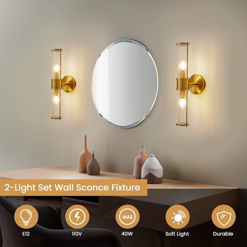 Linour Brushed Gold Wall Sconces Set of 2, Modern Bathroom