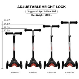 ChromeWheels Scooter for Kids, Deluxe 4 Adjustable Height 3 Wheels Glider with Kick, Lean to Steer with LED Flashing Light, Black