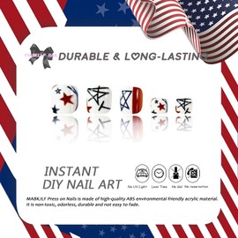 4th of July Press on Toenails Patriotic Fake Toe Nails Blue Red White False Toenails with Stars American Flag Designs Glossy Glue on Toe Nails Full Cover Acrylic Nails for Women Girls 24 Pcs
