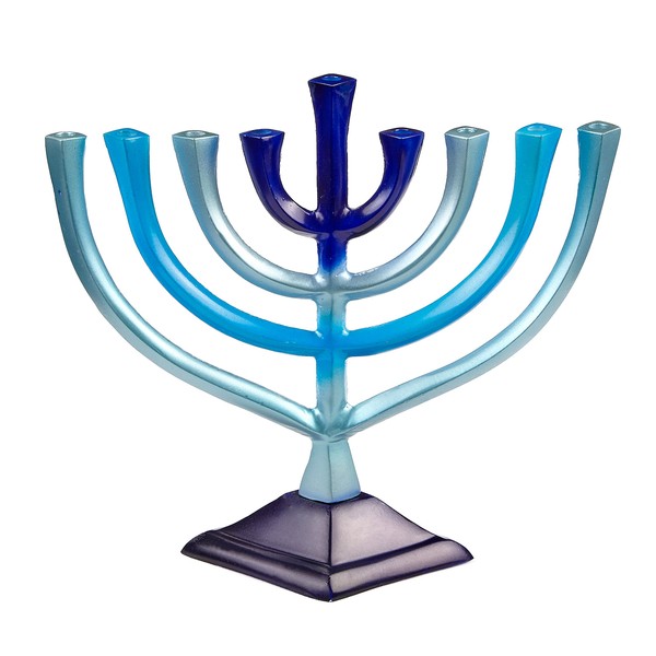 Ner Mitzvah Colorful Aluminum Candle Menorah - Fits All Standard Chanukah Candles - Artistic Blue Gradient Tie Dye Design - 10” High