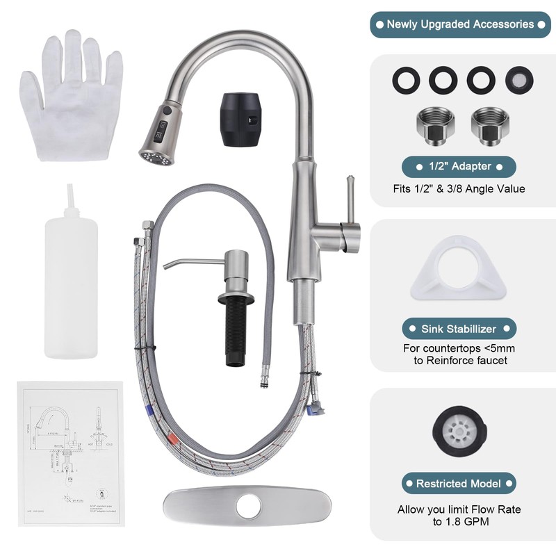 WOWOW Kitchen Faucet with Sprayer,Brushed Nickel Single Handle High Arc