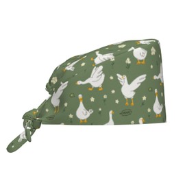 Animal Cute Flower White Goose Waterfowl Adjustable Working Cap Breathable Unisex Women Men Elastic Bandage Tie Back Hats Scrub Nursing Doctor Surgeon Cap