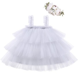 Bow Dream Baby Tutu Flower Girl Dress Wedding with Headband Birthday Party White 12-18 Months