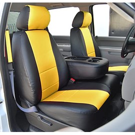 Iggee for 2007-2013 Chevy Silverado Artificial Leather Custom Exact fit 2 Front seat Covers (Black/Yellow)