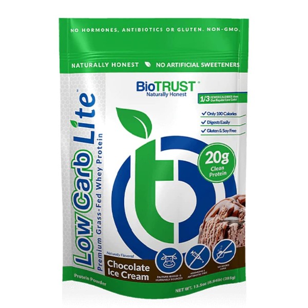 BioTRUST Low Carb Lite, 20 Grams of Grass-Fed Whey Protein Isolate, 100 Calories, ProHydrolase Digestive Enzymes, Non-GMO, Free from Soy and Gluten, rBGH-Free (14 Servings) (Chocolate Ice Cream)