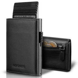MYSHION Mens Wallets RFID Blocking Leather Minimalist Smart Flip Trifold Wallets with Magnetic Coin Pocket Black 4.13" x 2.9" x 0.7