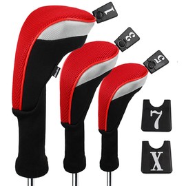 Andux 3pcs/Set Golf 460cc Driver Wood Club Head Covers Long Neck with Interchangeable No. Tags Red
