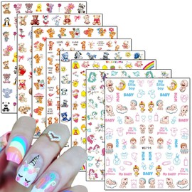 Cartoon Nail Art Stickers, Cute Animal 3D Self-Adhesive Decals Design, Unicorn Bear Dog Cat Flowers Chicken Rabbit Heart Baby Nail Decoration for Women Girls Manicure Charms Acrylic Supplies(8 Sheets)