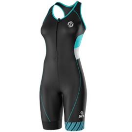 SLS3 Triathlon Suits Women - One Piece Tri Suit Women - Quick Dry & Comfy Womens Triathlon Suit, No Shelf Bra, Black & Martinica Blue Stripes, Large