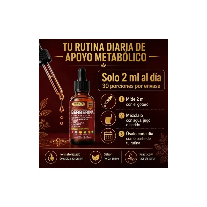 Gwynne Suplemento Dietético Gotas Líquidas Berberina Fórmula 1900 Pimienta Cayenne