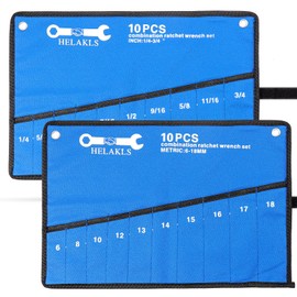 HELAKLS 2 Pieces(10 Pockets SAE+ 10 Pockets Metric) Wrench Tool Roll Up Pouch Utility Heavy Duty Canvas Tool Organizers Bag Blue