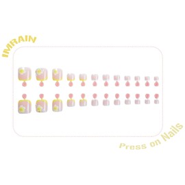 IMRAIN Yellow French Tip Press on Toenails Short Square Fake Toe Nails with Flower & Pearl Designs Summer Toenail Press ons Acrylic Artificial Glue on Toenails for Women Girls 24Pcs