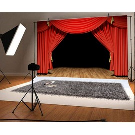 YongFoto 7x5ft Vinyl Stage Scenes Photo Backdrop Red Curtain Vintage Wood Floor Black Background for Theatre Show for Party Event Photography Video Film Photoshoot Background Studio Props Wallpaper