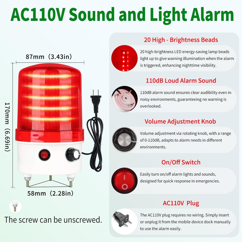 Industrial LED Rotating Warning Light, AC110V Red Strobe Light for