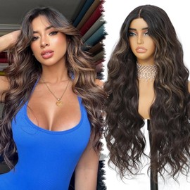 XCHJH 30 Inch Synthetic Lace Front Wig, 4X1 Glueless Pre-Cut Lace Wear and GO Synthetic Wavy Wig for Women Body Wave Middle Part, Beginner-Friendly for Daily Use (Skunk Stripe Brown)