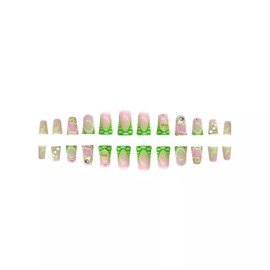 24 Pcs French Tip Press on Nails Medium Fake Nails with Glue Duck Nail Tips Cute Duck False Nails with 3D Pearl Flower Charms Design Glossy Glue on Nails Press ons Summer Artificial Nails for Women
