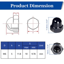 25Pcs M6 Black Acorn Cap Nuts M6-1.0 Acorn Nut 304 Stainless Steel 18-8 Dome Head Hex Nuts for Fasteners Bright Finish