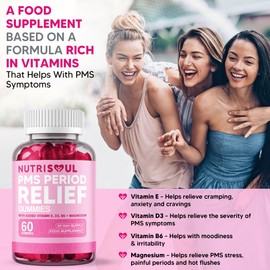 PMS Period Relief Gummies | Supplement for Women | 2000mg Magnesium with Vitamins B6, E, D3 | 60 Non-GMO, Cold Pressed, Vegan, Gluten Free Capsules with Chasteberry Extract | Natural Ingredients