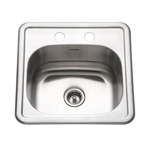 Houzer Stainless Steel 1515-6BS-1 Hospitality Bar Prep Sink - Topmount 15" Single Bowl, 2-Hole, Drop-In Installation, Featuring Corrosion Resistant Stainless Steel, Easy to Clean Satin Finish