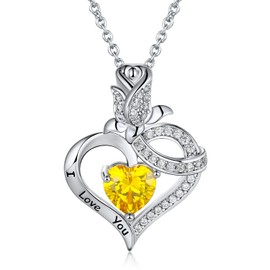 VOLUKA 18K White Gold Plated Created Yellow Topaz Heart and Rose Flower Pendant Necklaces for Women with Letter I Love You