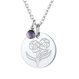 Birth Flower Disc Necklaces for Women with February Birthstone Amethyst Violet Guardian Month Floral Pendant Stainless Steel Dainty Round Coin Medal Jewelry Birthday Gifts for Mom