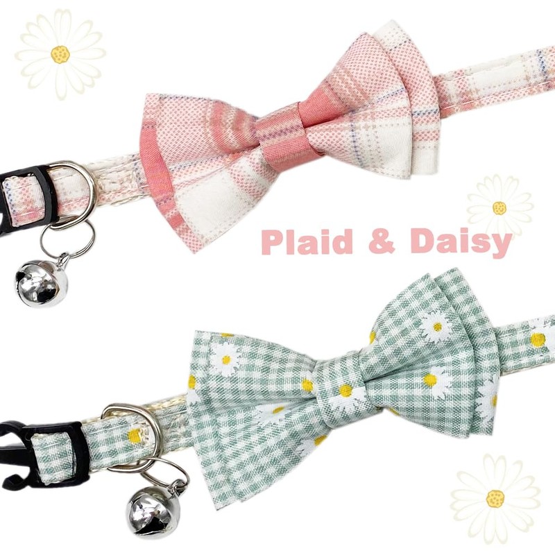 Plaid Cat Collar with Bow Tie Bell Breakaway Daisy Kitten