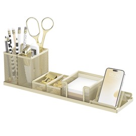SUPEASY Pen Holder for Desk, 6 Piece Mesh Desk Organizer set, Desk Accessories for Office Organization with Mail Organizer, Letter Phone Holder, Sticky Notes Caddy Storage, Golden Yellow