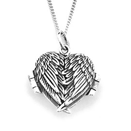 925 Sterling Silver HEART Photo Locket Opening Angel Wings Pendant 18 mm Diameter on 18" Silver Curb Chain