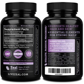 Zeal Naturals Biotin with Coconut Oil for Hair 10000mcg (180 Softgels) Biotin Supplement - Biotin Pills for Hair Skin and Nails Vitamins for Women Biotin Capsules for Men Hair Growth 6 mo Supply