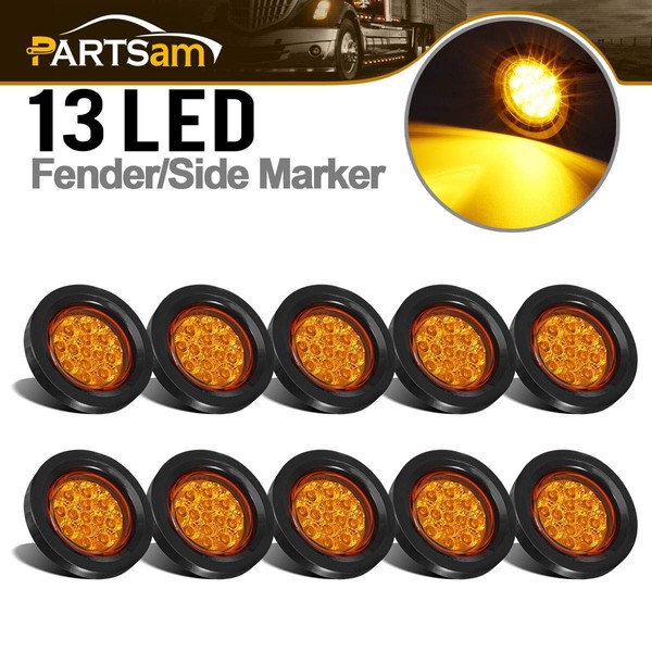 Partsam 10Pcs 2.5" Round Amber 13Led Side Marker Clearance Lights with Light Grommet and Wire Pigtail for Truck Trailer RV, Flush Mount, Waterproof Sealed, 12V