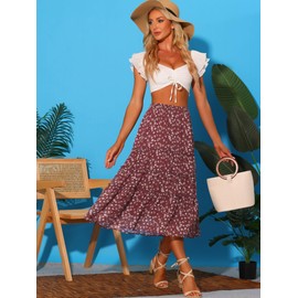 Allegra K Women's Floral Skirts Chiffon A-line Long Tiered Ruffle Boho Midi Skirt XS-3XL Brown Medium