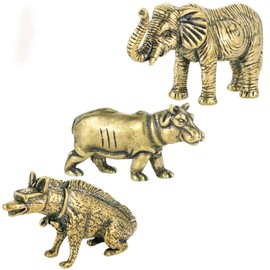 SnowOwl 3Pcs Brass Hyena & Elephant & Hippo Figurine, Animal Figurine Sculpture Decor, Small Hyena & Elephant & Hippo Ornament Copper Statue Tea Pet Home Decoration for computer desk (Animal-08)