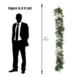 LinTimes Christmas Garland with 20 Led Lights, 6 Ft Pre-Lit Gold Xmas Garland with Faux Antlers Bow-Knot Ball Ornaments, Battery Operated Garland with Timer for Mantle Staircase Table Decoration