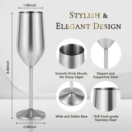 Lifecapido 6 Pack Stainless Steel Champagne Glasses, 8oz Stemmed Unbreakable Champagne Glasses, Elegant Stainless Steel Champagne Flutes for Party Wedding Christmas Anniversary, Silver