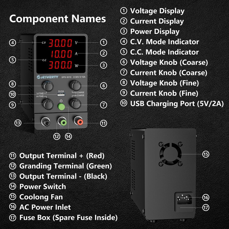 Jesverty DC Power Supply Variable, 0-30V 0-10A Adjustable Switching DC