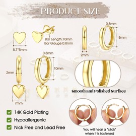 Dochais 3 Pairs of Earrings Gold Set, 14K Gold-Plated Stud Earrings, Hoop Earrings with Pendant, Hypoallergenic Waterproof, Small Cartilage Earrings, Hoop Earrings, Gold Jewellery, Gift for Women,