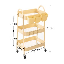 danpinera 3-Tier Rolling Cart, Metal Rolling Storage Cart with Lockable Wheels & Hanging Cups & Hooks, Mobile Trolley for Kitchen, Bathroom, Office, Workshop, Yellow